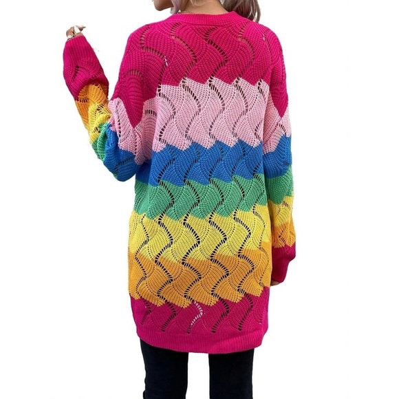 Casual Rainbow Stripe V neck Long Sleeve Multicolor Women Cardigans (Women's) - Picture 6 of 6